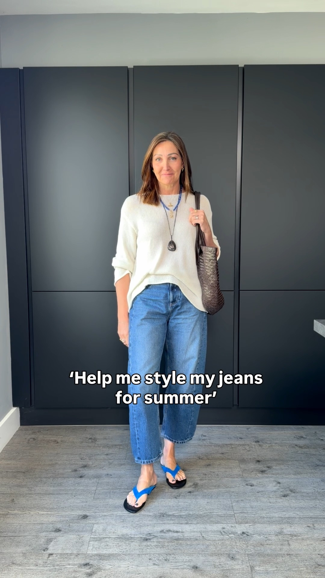 I love a jeans and flip flops look so this request for summer styling with jeans made me very happy.
Comment SHOP for the links to this look x
A cropped style is always great for summer - and ideal for showing off colourful sandals. 
An open, cotton knit gives you a relaxed feel while still feeling summery. Add simple, colourful jewellery and a basket and you have an easy look you can adapt to suit your wardrobe. 

These jeans are my favourite crop style and are back in stock in all sizes 🥳. I wear a 10 short for this cropped length.
My jumper is sold out but I’ve found some fab alternatives.

#LTKsummer #LTKstyletip #LTKover50style