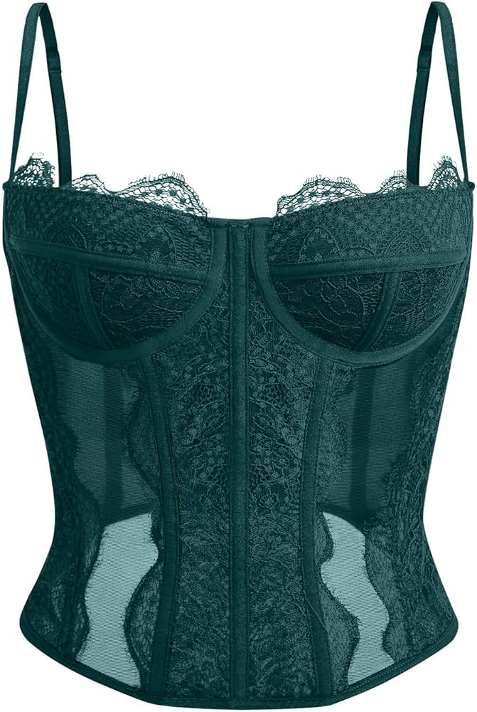 Dealmore Corset Tops For Women Going Out Lace Mesh Date Night Top Spaghetti Strap Party Club Top | Amazon (US)