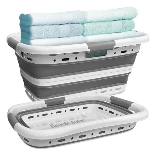 Brookstone 11 Gal Collapsible Laundry Basket With 3 Handles, Hip Hugger Design, Non-Slip Comfort Grip, Lightweight BPA-Free Space Saving Pop-Up Hamper, 24 In, Portable and Sturdy, Light Gray | Amazon (US)
