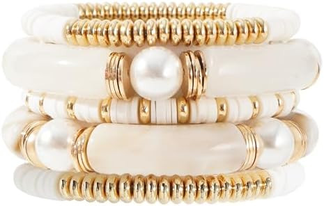 GOOJIDS Simple Beaded Gold Plated Bangles Bracelet Chunky Bamboo Tube Curved Stacking Clear Acryl... | Amazon (US)