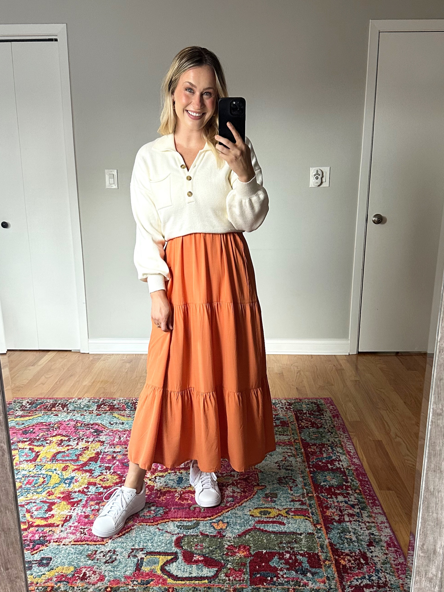 Fall outfit idea! Take your favorite maxi dress from summer to fall, add a tank top on top of the dress and then a sweater on top of that and tuck it in! Perfect for the cooler temperatures. Dress, sweater and white sneakers are all amazon fashion finds! #falloutfits #amazonfashion #teacheroutfits 

#LTKshoecrush #LTKstyletip #LTKunder50