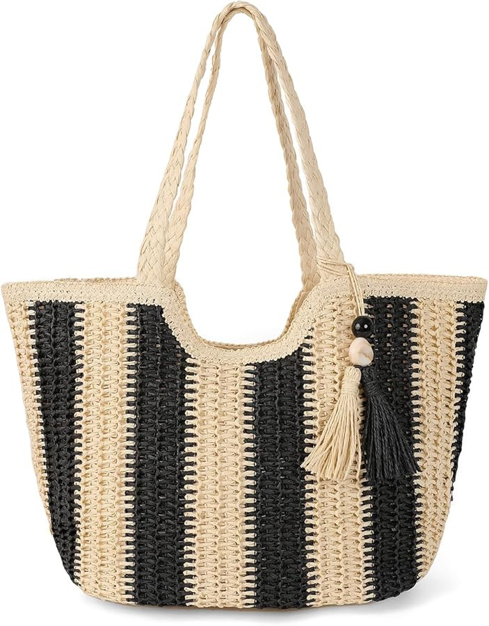 Women's Tassel Straw Beach Tote Bag - Large Summer Woven Zipper Bags with Pom | Amazon (US)