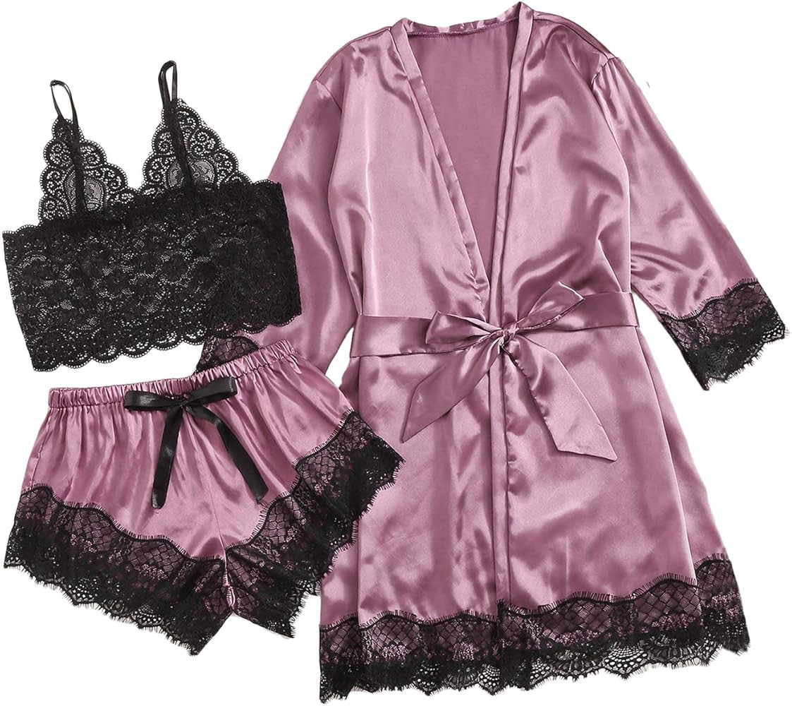 DIDK Women's Lace 3 Piece Satin Robe and Pajama Set with Robe Camisole Sleep Shorts | Amazon (US)