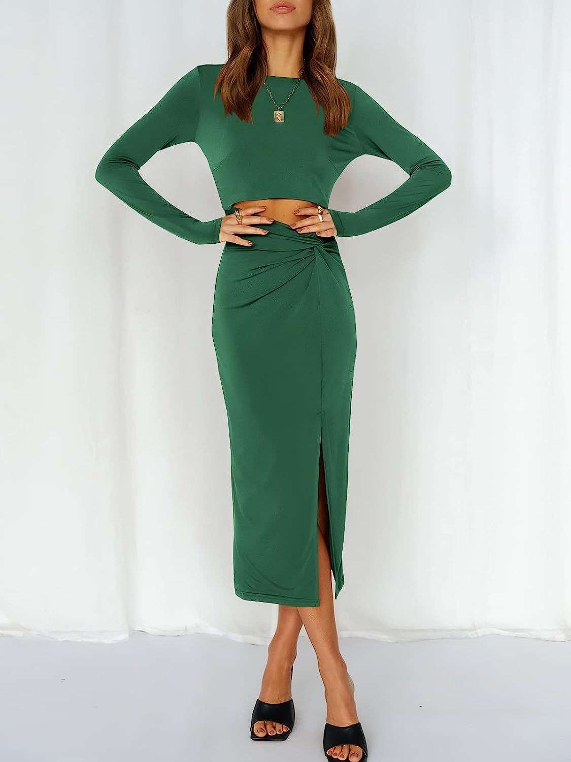 ANRABESS Women's Long Sleeve Crewnenk Twist Cutout High Waist Elegant Formal Slim Fit Slit Midi D... | Amazon (US)