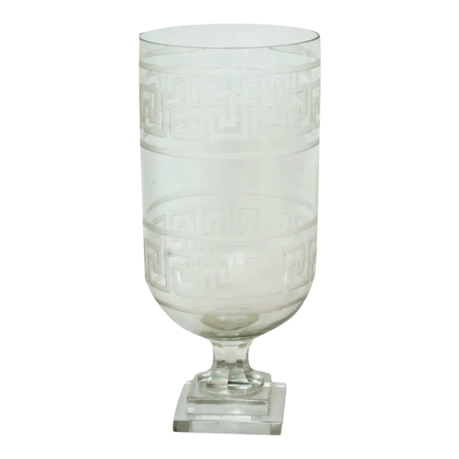 Etched Double Greek Key Footed Hurricane, Large | Chairish