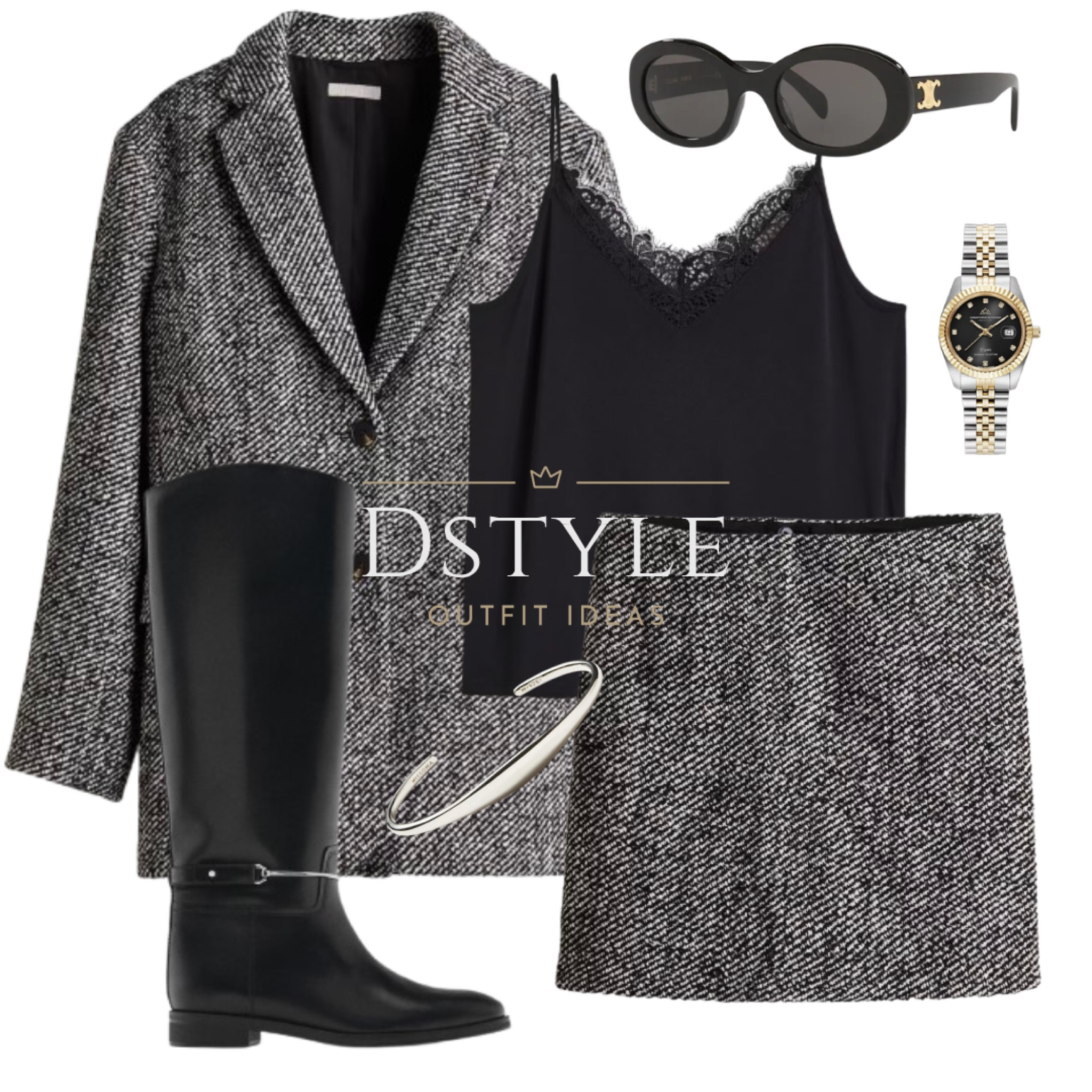 Black/white striped oversized blazer, black striped mini skirt, black lace-trimmed cami top, black riding style boots with detachable embellishment, CELINE sunglasses

#LTKStyleTip #LTKWorkwear #LTKShoeCrush