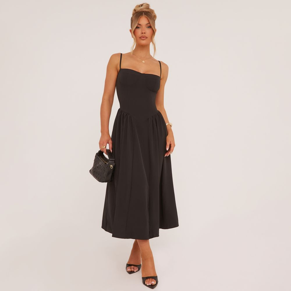 Strappy Underwired Pleated Skater Midaxi Dress In Black | EGO Shoes (US & Canada)