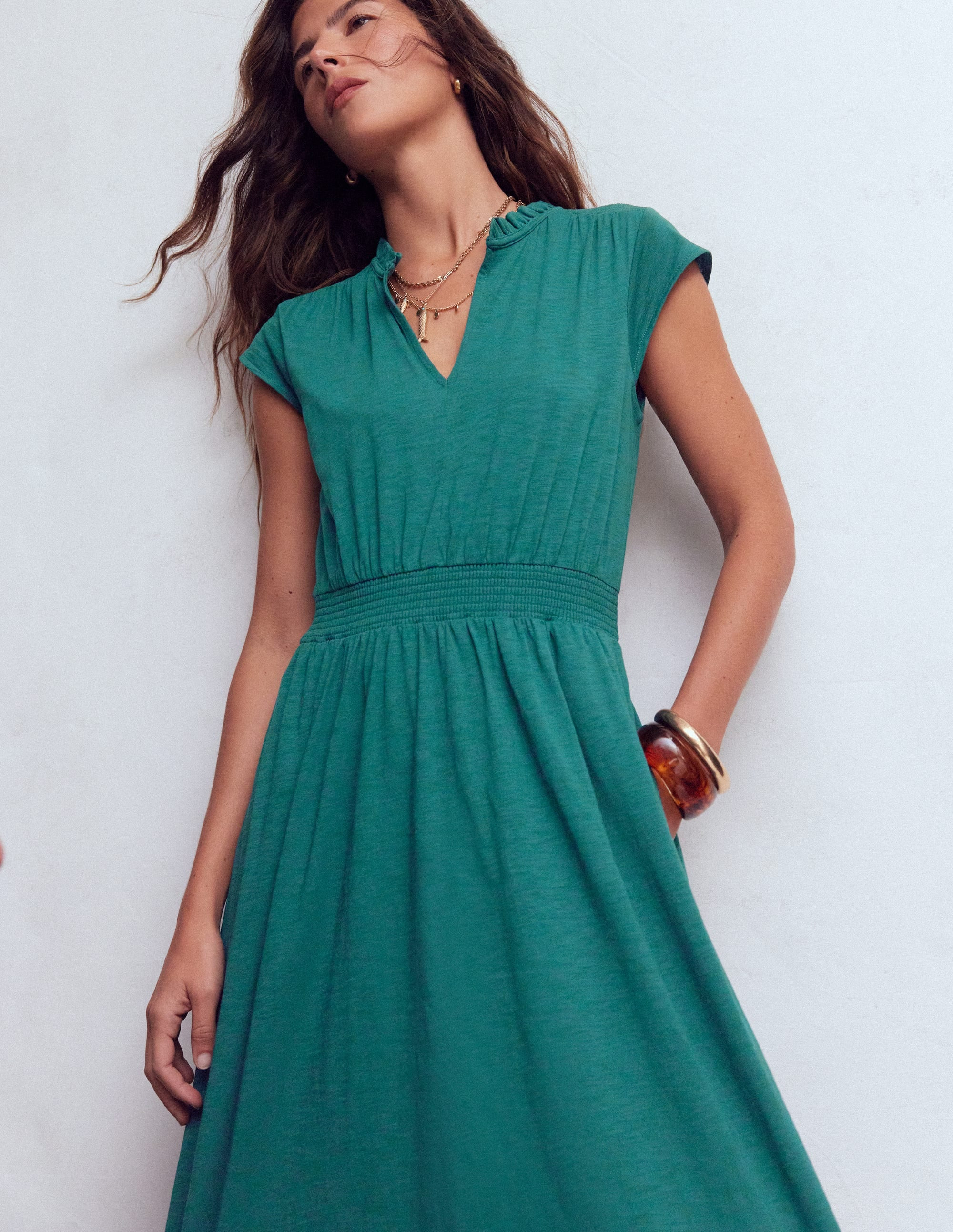 Alba Smocked Jersey Midi Dress-Drake Green | Boden (US)