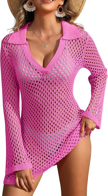 ANRABESS Women Swimsuit Crochet Swim Cover Up Summer Bathing Suit Swimwear Polo V Neck Mesh Knit ... | Amazon (US)