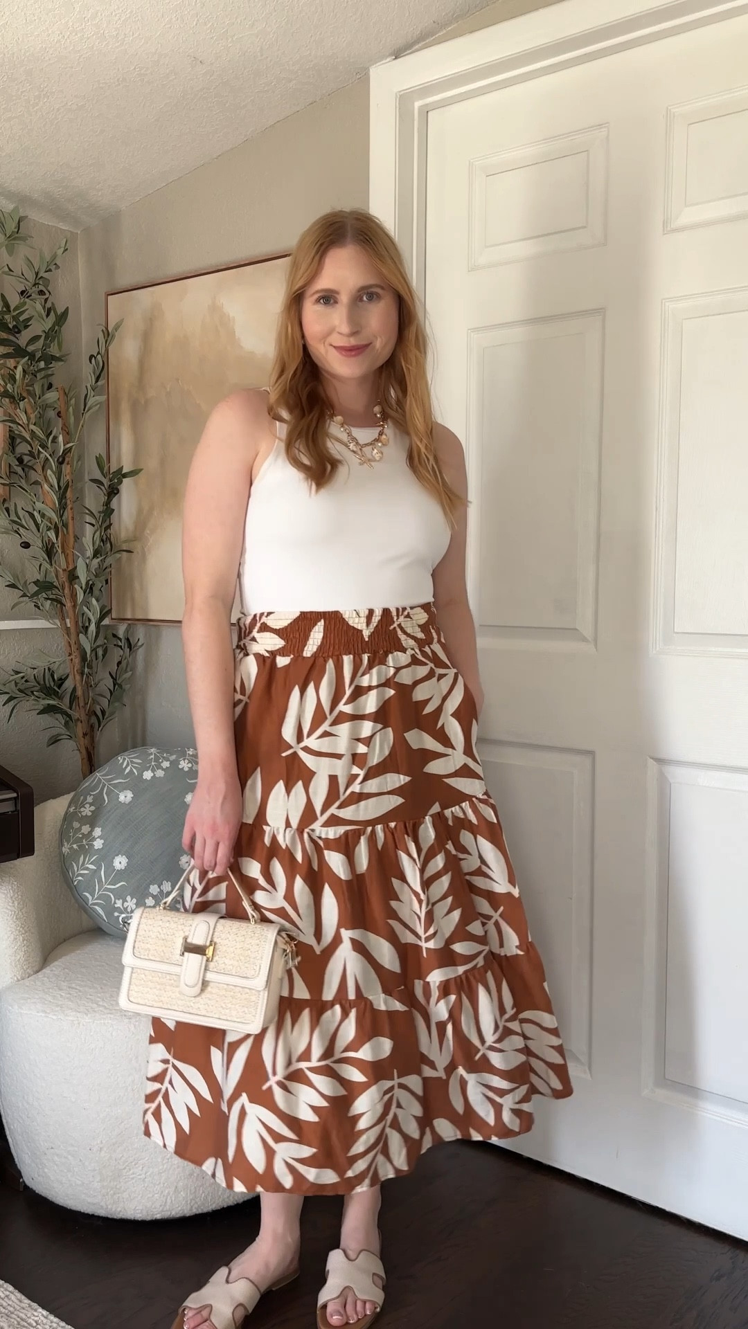 BTFBM Women's Floral Print Midi Maxi Skirts 2025 Summer Casual Aline Elastic High Waist Pleated Flowy Long Skirt Pockets (size medium) | Vacation outfit // amazon spring break outfit idea // spring outfit idea // amazon outfit // amazon skirt size medium , amazon spring outfit ideas // amazon fashion finds 2025 // Affordable by Amanda shares a white bodysuit with a cream and brown palm print skirt with a raffia handbag outfit idea for spring break or a beach vacation 

#LTKWatchNow #LTKFindsUnder50 #LTKMidsize