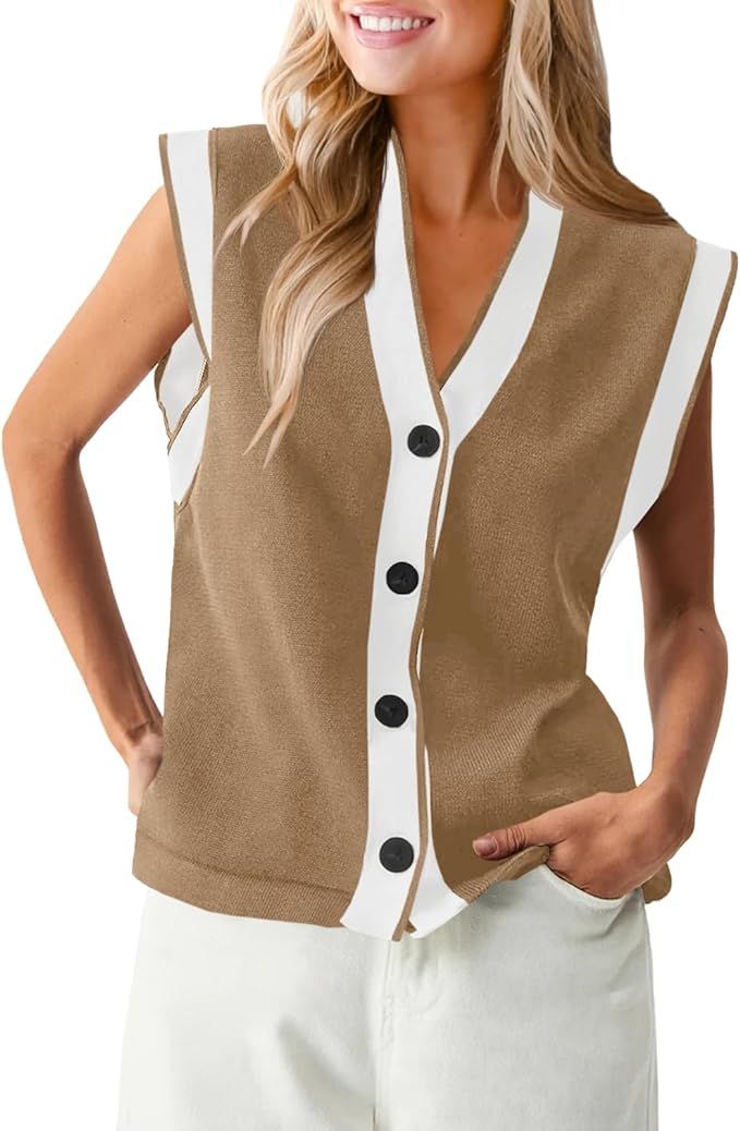 Saodimallsu Womens V Neck Sweater Vest Button Down Cap Sleeve Summer Trendy Color Block Loose Kni... | Amazon (US)