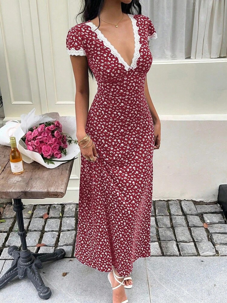 SHEIN Unity Women's Burgundy Floral Patchwork Lace V-Neck A-Line Dress,Vintage Elegant Summer Beach Vacation Style,Versatile Cute Outing Party Dates Long Dress | SHEIN