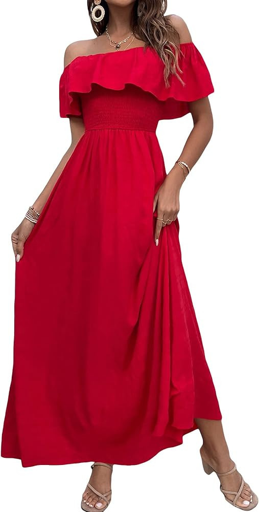 Women's Off Shoulder Short Sleeve Red Maxi Dress Long Red Dress Red Gown Long Dresses Fall | Amazon (US)