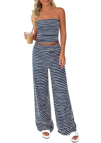 PRETTYGARDEN Two Piece Striped Sets for Women Summer Travel Outfits 2026 Spring Y2K Going Out Vacation Clothes Loungewear (Navy Blue White,Medium) | Amazon (US)