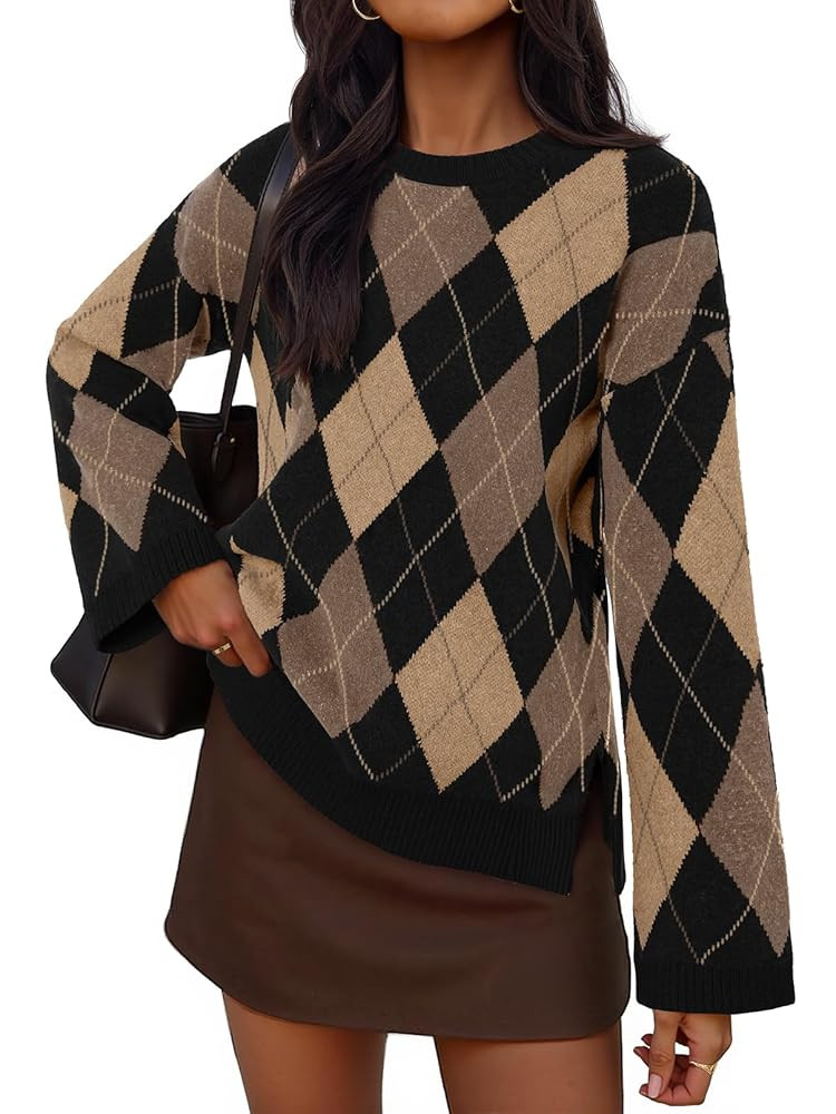 MEROKEETY Women's Long Sleeve Sweaters 2025 Fall Argyle Plaid Crewneck Loose Color Block Knit Pul... | Amazon (US)
