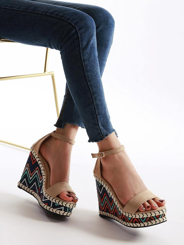 Geo Graphic Ankle Strap Wedge Sandals | SHEIN