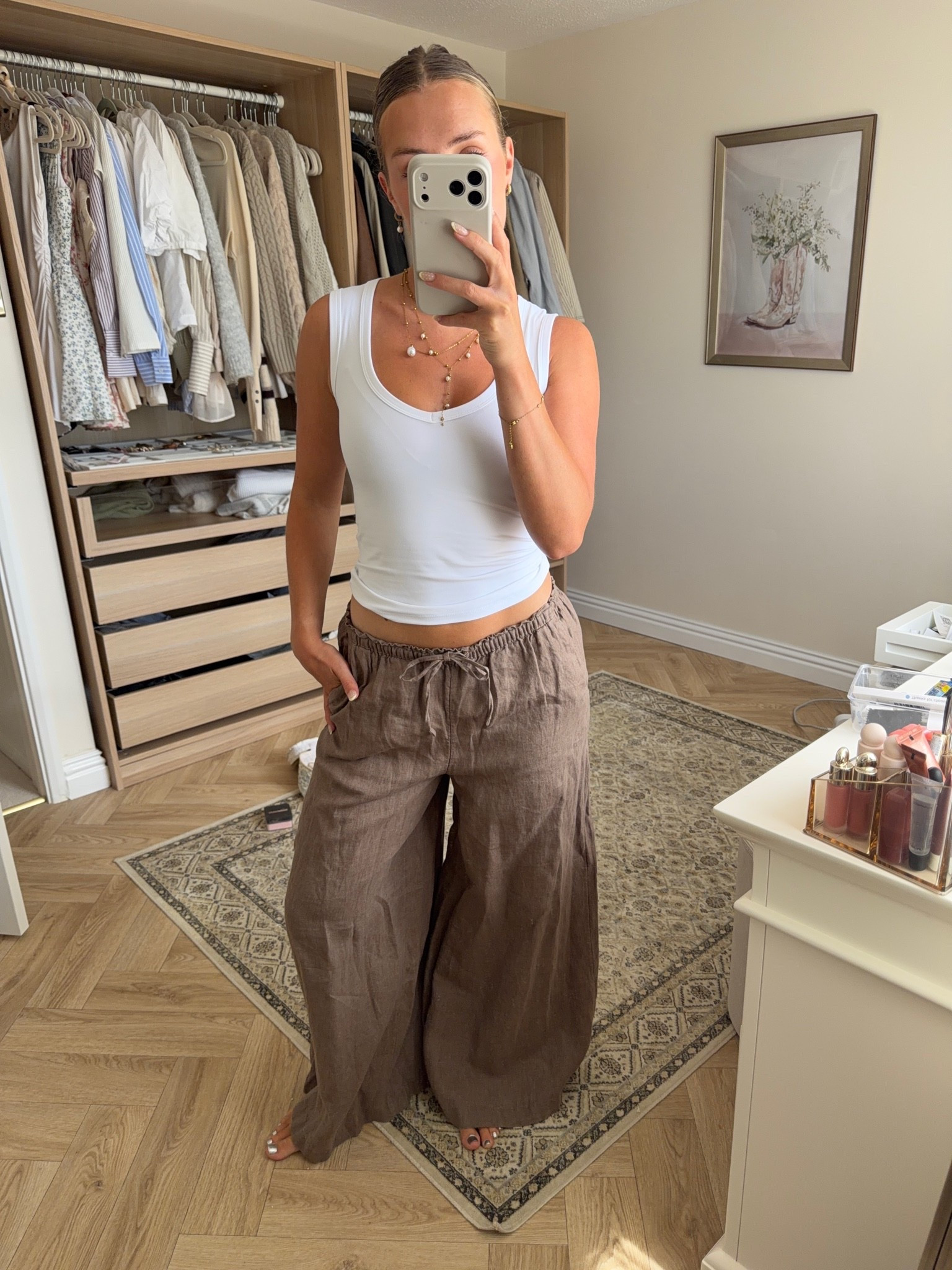 M&S linen trousers and cotton on hold me cami! X I wear size 10 petite trousers and size xs cami x