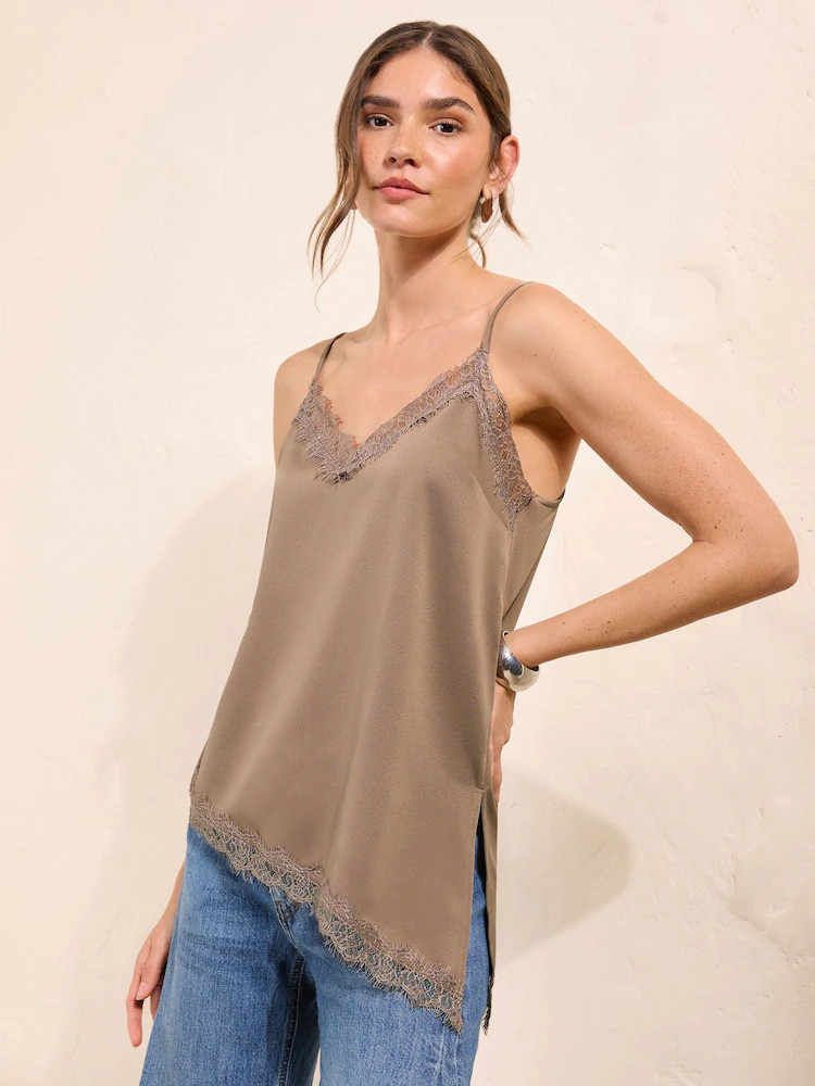 Friends Like These Brown Lace Trim Satin Asymmetric Cami | Next US