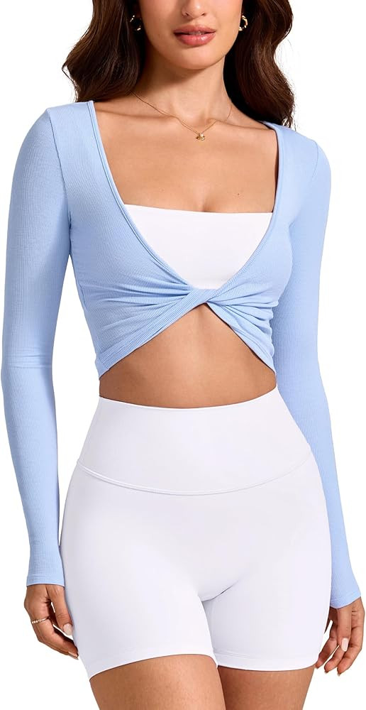 Womens Long Sleeve Knot Top Twist Front Cropped Activewear Ribbed Shirt Ballet Pilates Yoga Versa... | Amazon (US)