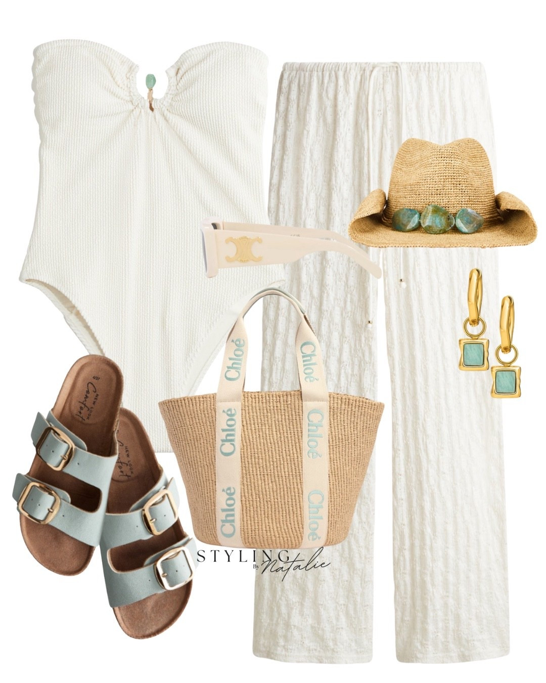 Beach wear outfit with textured swimsuit, straw hat with turquoise, lace look pull on trousers, Chloe tote bag, buckle sandals & Celine sunglasses. Summer outfit, beach wear, swimwear, vacation look, holiday outfits, Ibiza, beach club.

#LTKeurope #LTKswimwear #LTKsummer