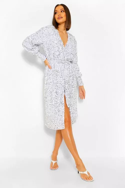 Sequin Long Sleeve Tie Waist Midi Dress | Boohoo.com (US & CA)