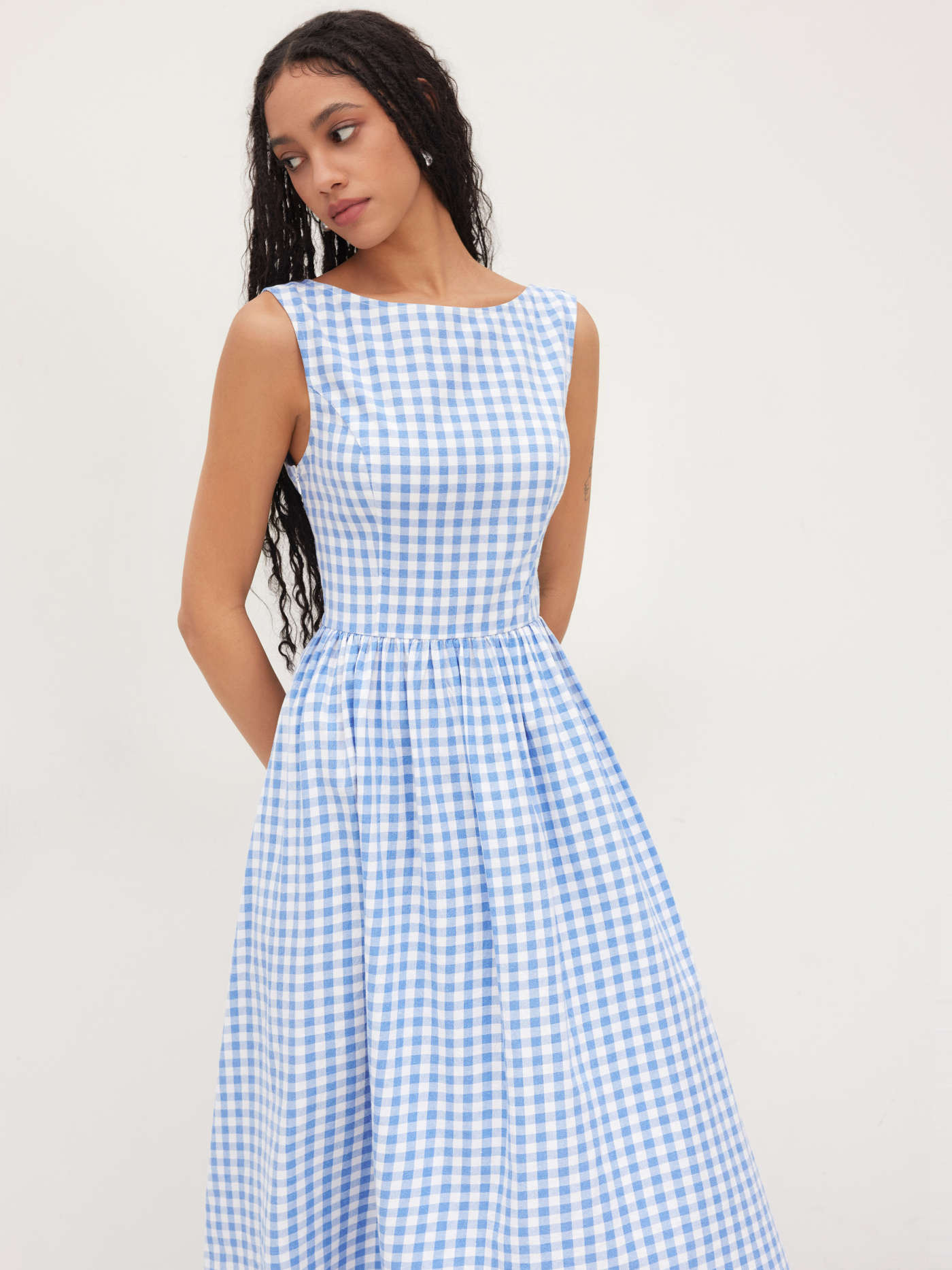 Valentine Woven 100% Cotton Boat Neck Gingham Backless Bowknot Ruffle Midi Dress For Date | Cider