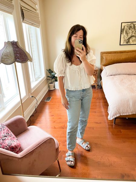 An easy everyday outfit! I’m so happy to be wearing jeans again! This white shirt and jeans combo is anything but boring with this feminine top. #casualoutfit #outfitideas #transitionaloutfit 

#LTKstyletip #LTKfit