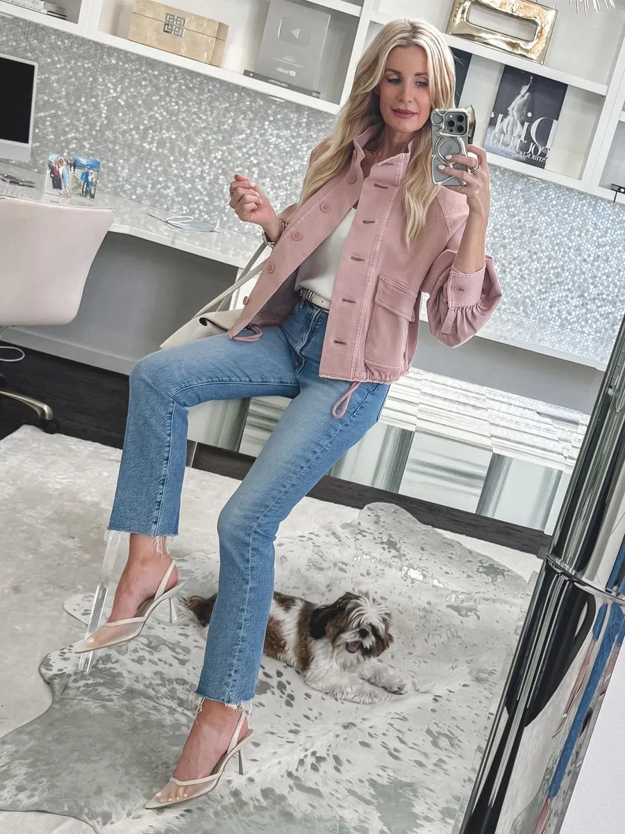 Easy summer style, but make it chic 💗 This pink utility jacket is the perfect lightweight layer for cooler mornings and nights, and paired with these high-waisted Mother jeans… it’s such a flattering combo. The ankle length is just right for showing off your favorite heels (always a yes from me). Speaking of—these heels are hands-down my most worn pair every spring and summer. They’re under $100, but truly look so much more expensive. So good. Fit details: wearing an XS in the jacket and 24 in the jeans—both run true to size.  

 

#LTKgrwm #LTKootd #LTKOver40