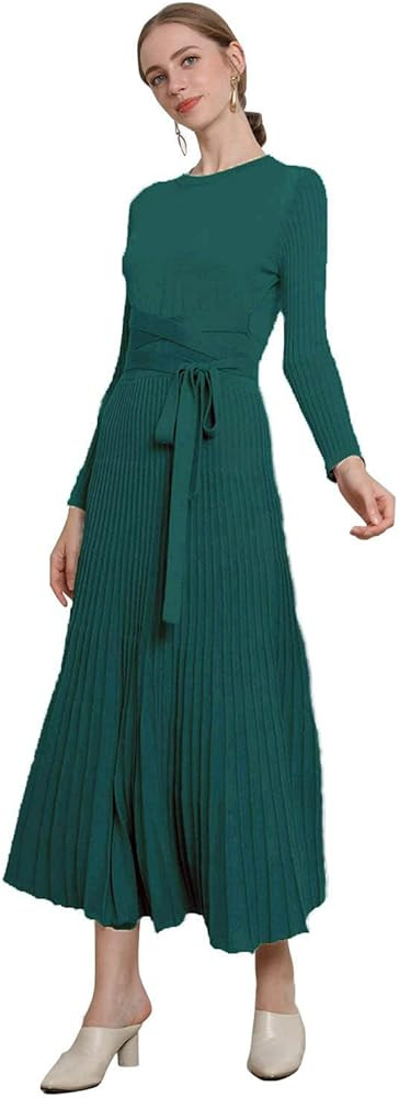 RanRui Womens Winter Fall Pleated Knitted Fit and Flare Long Sleeve Sweater Dress | Amazon (US)