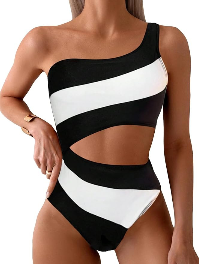 Leoparts Women's Color Block One Piece Swimsuits Monokini One Shoulder Cutout High Cut Bathing Su... | Amazon (US)
