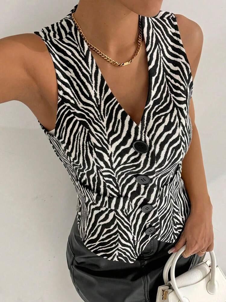 SHEIN Raffinéa Women's Animal Print V-Neck Sleeveless Cinched Waist Blazer Jacket Teacher Clothe... | SHEIN