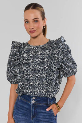 Navy Printed Ruffle Detail Top | Avara