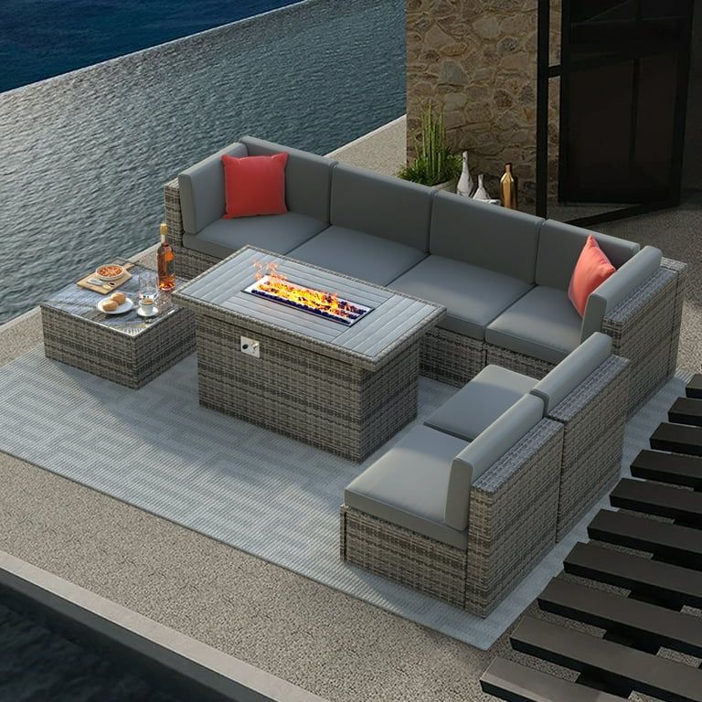 Sunmthink 8 Pcs Patio Furniture Sets with 50000 BTU FirePit Table, Grey | Walmart (US)