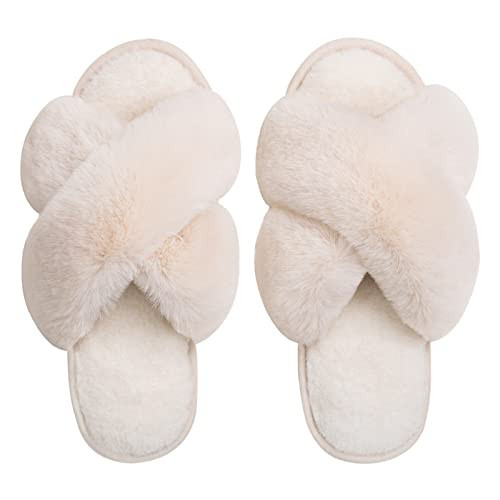 Zizor Women's Open Toe Fluffy Slippers with Memory Foam, Ladies' Cross Band House Shoes, Faux Fur Slip on Home Slippers for Indoor Outdoor (White, 6.5-7.5) | Amazon (US)