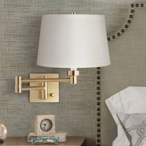 Alta Square White Linen and Antique Brass Plug-In Swing Arm Wall Lamp - #17A22 | Lamps Plus | Lamps Plus