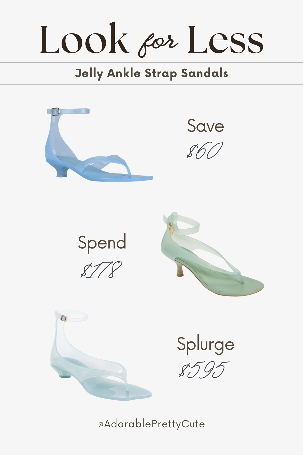 Look for Less｜Jelly Ankle Strap Sandal Edit 👡💚
Soft green jelly textures and delicate ankle straps create a light, playful feel that’s easy to dress up or down. Fresh, simple, and gently cute — a sweet summer option without the splurge. 🤍
#JellySandals #AnkleStrapSandals #JellyThongSandals #THGSandal #SpearmintGreen #DustyGreen #SummerShoes #ClearShoes #PlayfulStyle #SoftSummer #CuteButSimple #EverydayDressy #LookForLess #SaveVsSplurge #LTKFinds 

 #LTKsummer #LTKstyletip #LTKshoes