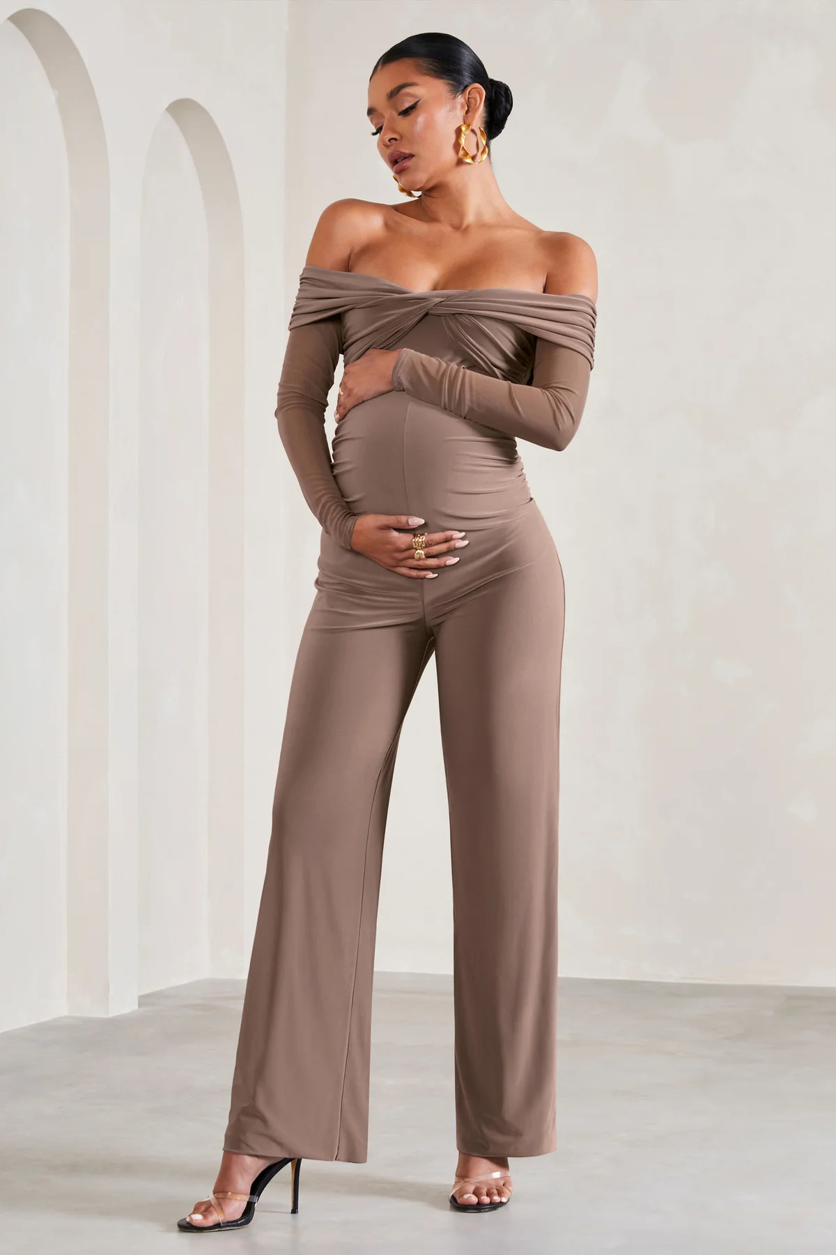 Kyla | Mocha Ruched Bardot Long-Sleeved Wide-Leg Maternity Jumpsuit | Club L London