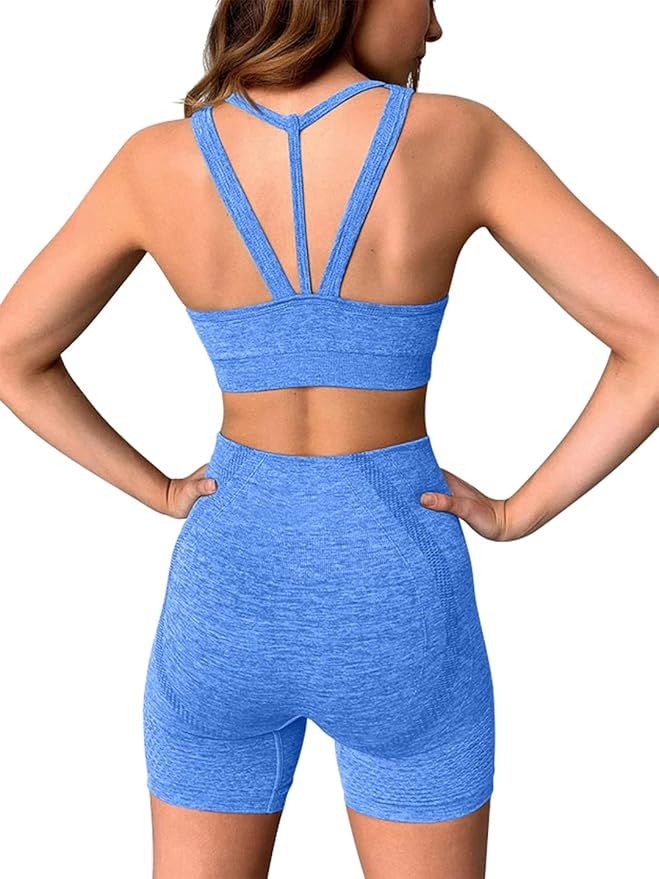 Kinbor Womens Seamless Yoga Gym Outfits 2 Pieces Strappy Padded Sports Bras with High Waisted Sho... | Amazon (US)
