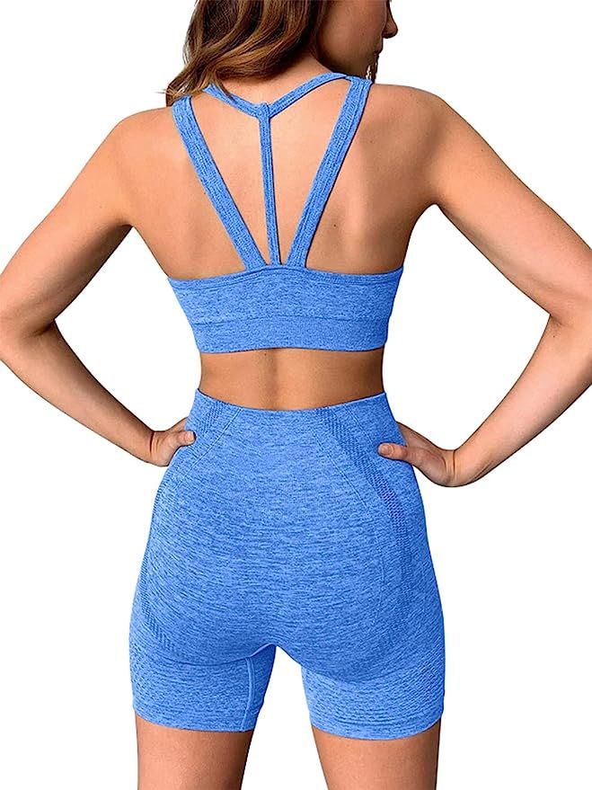 Kinbor Womens Seamless Yoga Gym Outfits 2 Pieces Strappy Padded Sports Bras with High Waisted Sho... | Amazon (US)