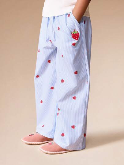 SUMWON Girls Wide Leg Striped Palazzo Pants With Strawberry Print Elastic Waist Summer Casual Bot... | SHEIN
