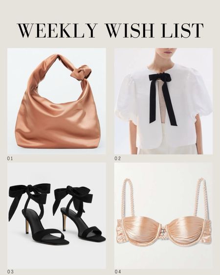 On my wish list this week… 👛
Romantic outfits | Charles and Keith bow shoes | Bow blouse | Feminine aesthetic | Girly baroque outfits | COS bow bag | Peach bags | Wedding guest outfits | Isa Boulder ruched satin bikini top | Bridgerton outfits | Sexy underwear 

#LTKspring #LTKsummer #LTKpartywear