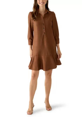 Women's 3/4 Sleeve Collar Neck Solid Faux Suede A-Line Dress | Belk