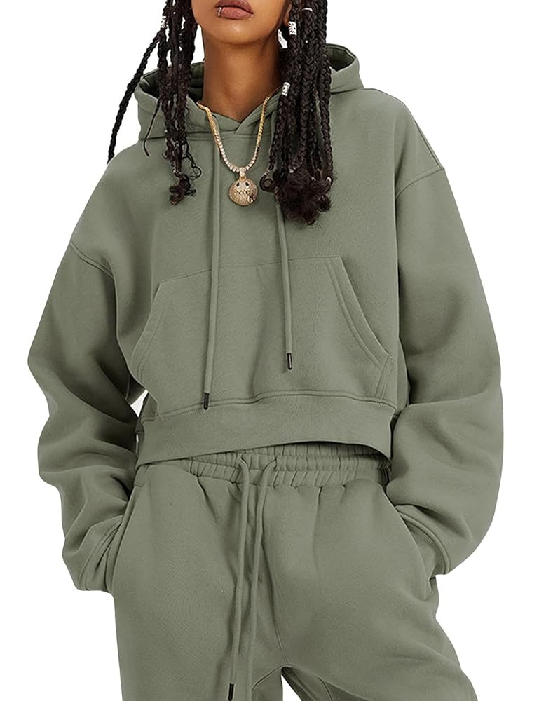 Kissonic Women's Fleece Jogger Sets 2 Pieces Sweatsuits Outfits Crop Top Hoodies Jogger Pants | Amazon (US)