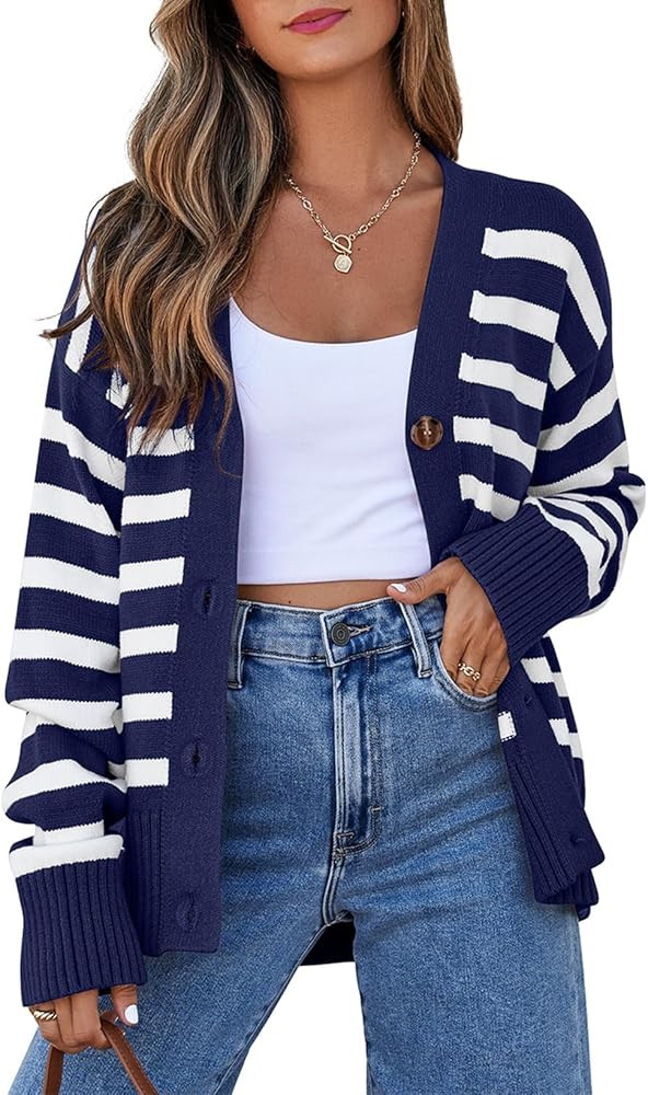 EVALESS Womens Striped Cardigan Sweaters Long Sleeve V Neck Lightweight Open Front Button Down Kn... | Amazon (US)