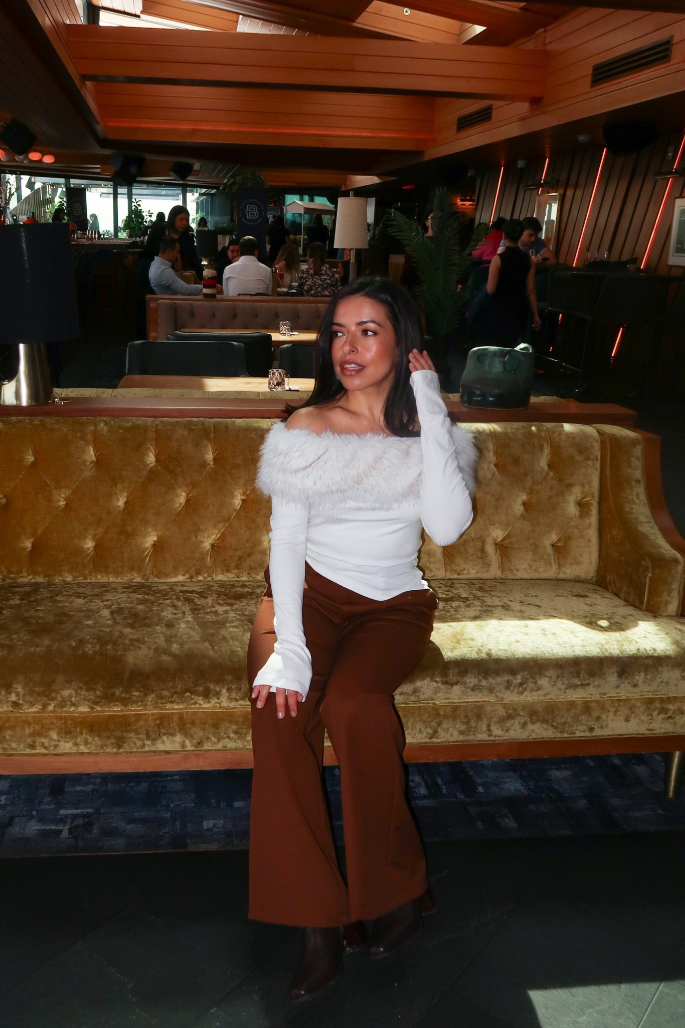 Late winter outfit idea! This off the shoulder faux fur top was a big hit at a recent event! Paired with brown high waisted trousers! 

#LTKPetite #LTKSeasonal