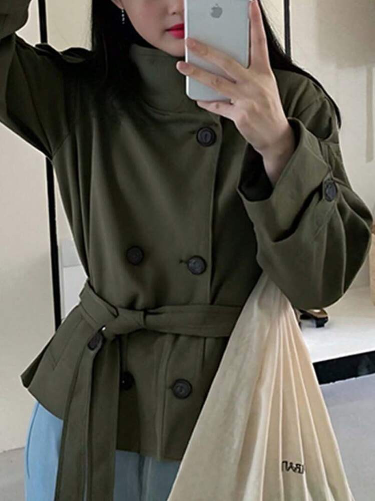 New Women's Trench Coat With A Stylish Design, Solid Color, Waist-Cinching, And Tie-Waist Short Jacket | SHEIN