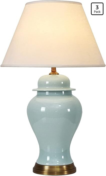 Blue Ceramic Table Lamp, Nordic Bedside Lamp Gold Metal Bracket Base with White Fabric Lampshadet... | Amazon (US)
