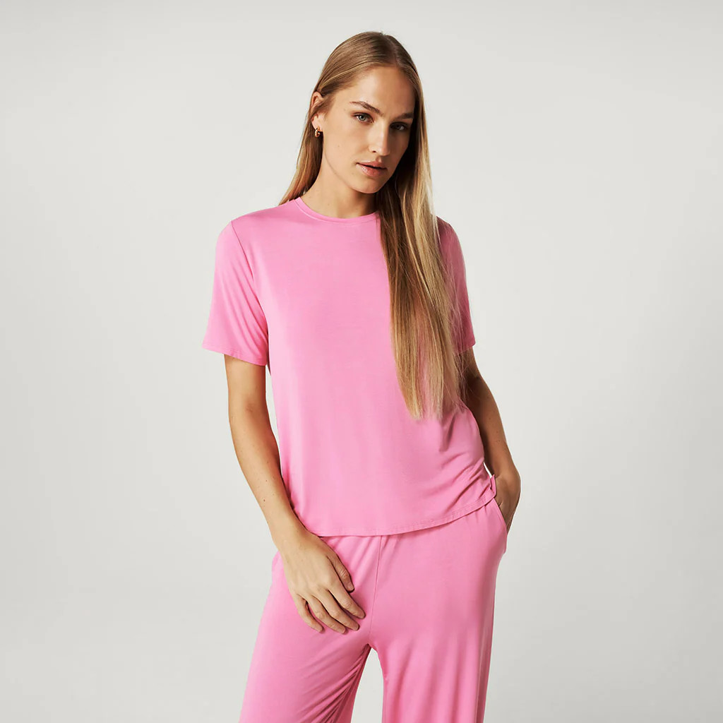 Solid Pink Short Sleeve Cruisin' Pink Women's Loose Tee | Posh Peanut® | Posh Peanut