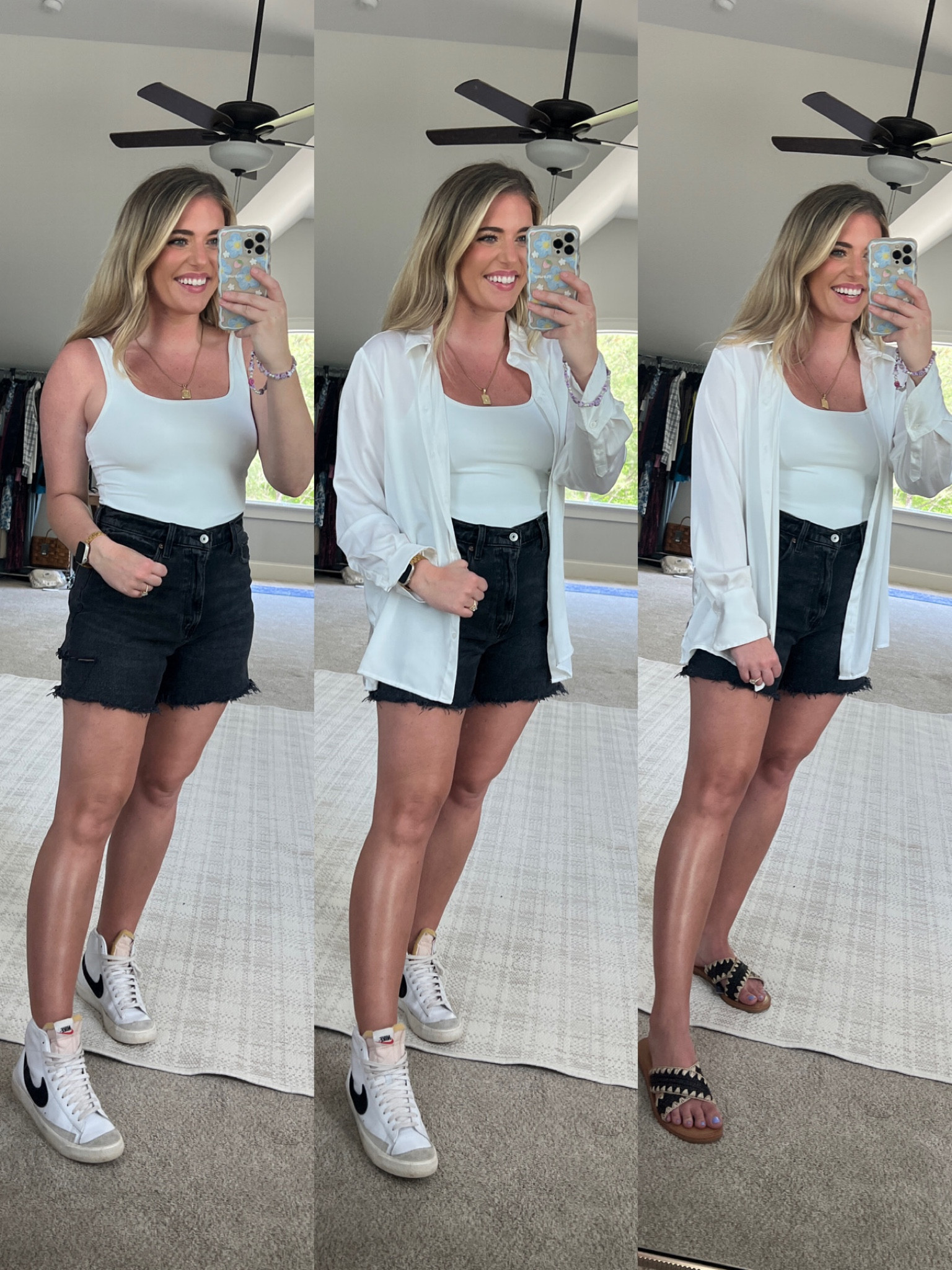 Fave shorts just restocked!!!! These are 5” and don’t ride up in your inner thighs. So comfy & flattering. 5” inseam & 2” extra in thighs & boots for comfort. 🤌🏼 
sized up 1 to the 30 for the perfect fit. & on sale - 15% off 🤩
Bodysuit TTS - M. Great layering basic & also 15% off 

Sneakers sized up 1/2 and sandals TTS 
White button down (my fav) TTS - M 


#LTKunder50 #LTKFind #LTKsalealert