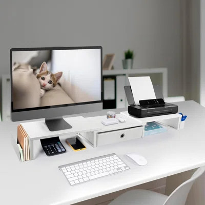 Dual Monitor Stand Riser W/ Drawer & Metal Leg,White-Dual Monitor Riser | Wayfair North America